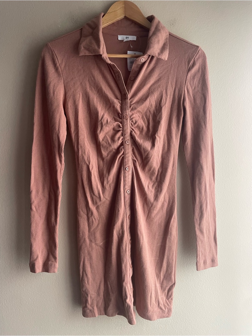 New BP. Women’s Brown Ribbed Knit Ruched Button Front Collared Mini Dress Small